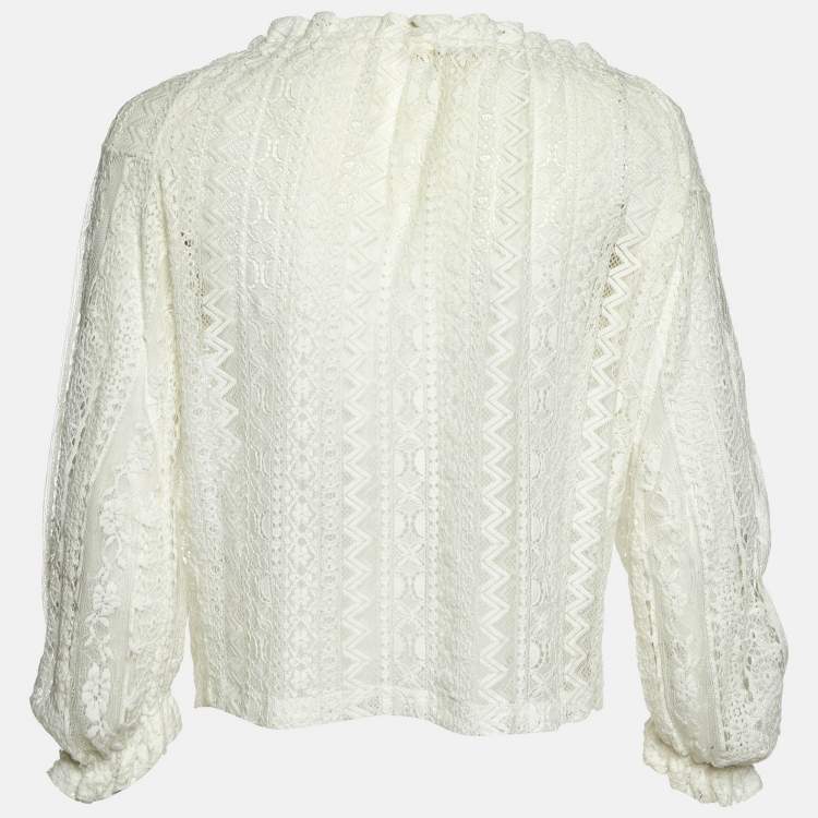 Pre Owned Maje White Lace Ruffled Sheer Blouse M