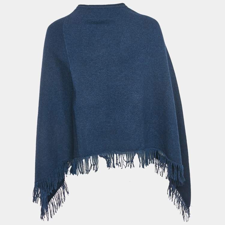 Pre Owned Maje Navy Blue Cashmere Fringed Poncho Top One Size