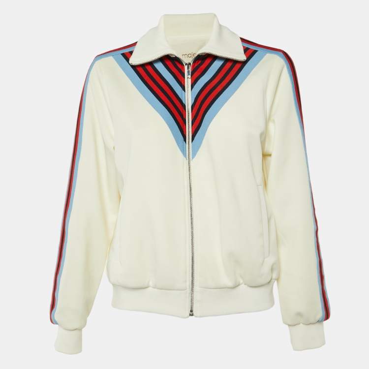 Pre Owned Maje White Jersey Striped Trim Manela Zip Up Jacket M