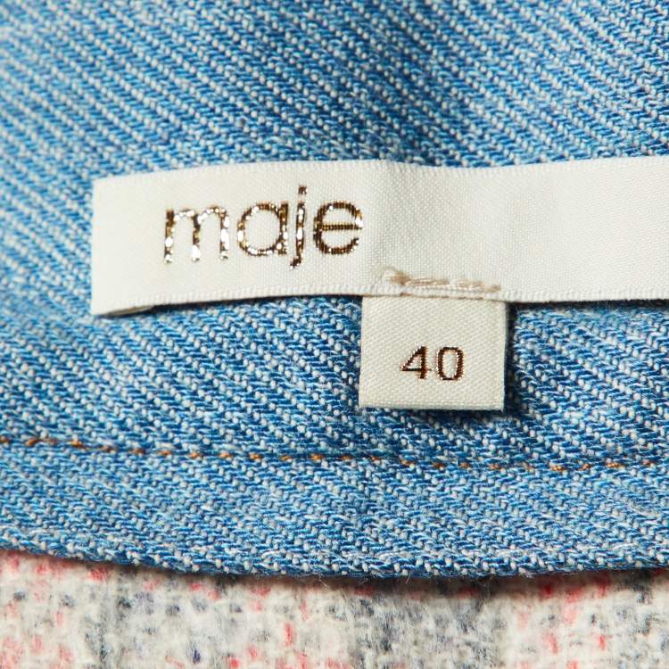 Pre Owned Maje Blue Tweed Embellished Skirt & Jacket Set M