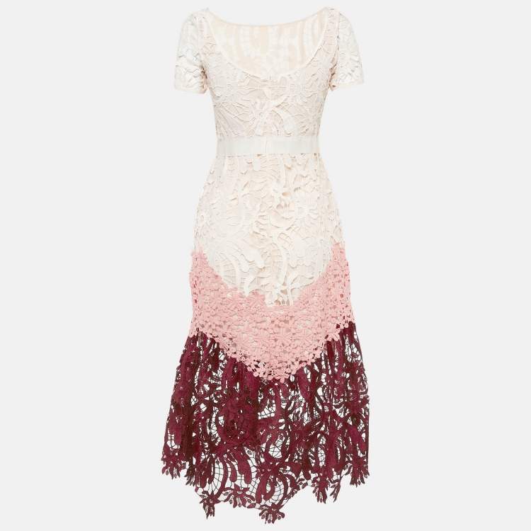 Pre Owned Maje Pink Lace Short Sleeve Midi Dress S