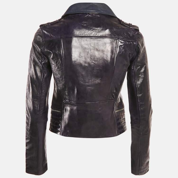 Pre Owned Maje Marine Blue Leather Zip-Up Basali Jacket S