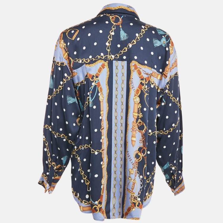 Pre Owned Maje Blue/Multicolor Chain Print Viscose Crop Top and Shirt Set M