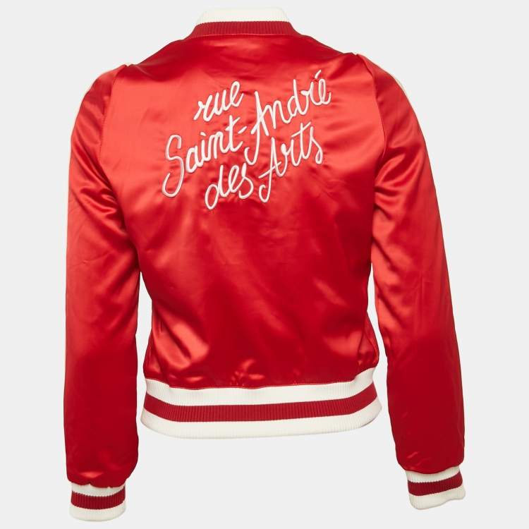 Pre Owned Maje Red Floral Applique Satin Bomber Jacket S