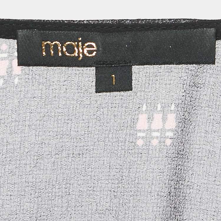 Pre Owned Maje Black Printed Chiffon Shirring Midi Dress S