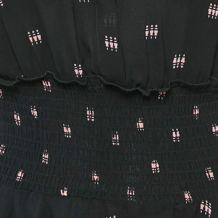 Pre Owned Maje Black Printed Chiffon Shirring Midi Dress S