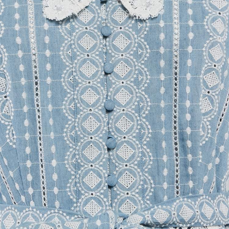 مملوكة مسبقًا Maje Blue Lace Trim Raviana Broderie Anglaise Cotton Midi Dress M