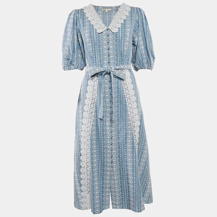 مملوكة مسبقًا Maje Blue Lace Trim Raviana Broderie Anglaise Cotton Midi Dress M