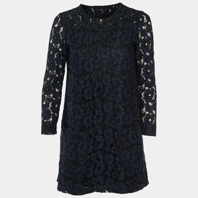 Pre Owned Maje Navy Blue Floral Lace Shift Dress M