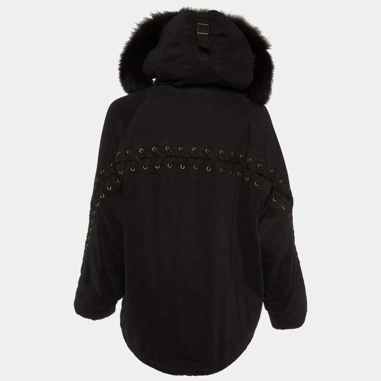 Pre Owned Maje Black Cotton Fur Lined Hooded Jacket M