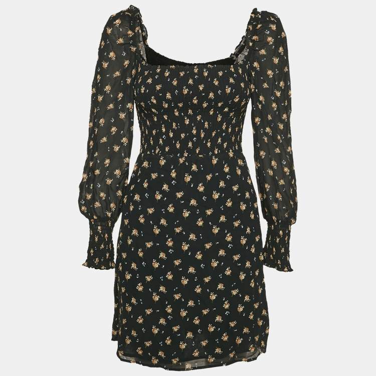 Pre Owned Maje Black Floral Print Crepe Smocking Detail Mini Dress M