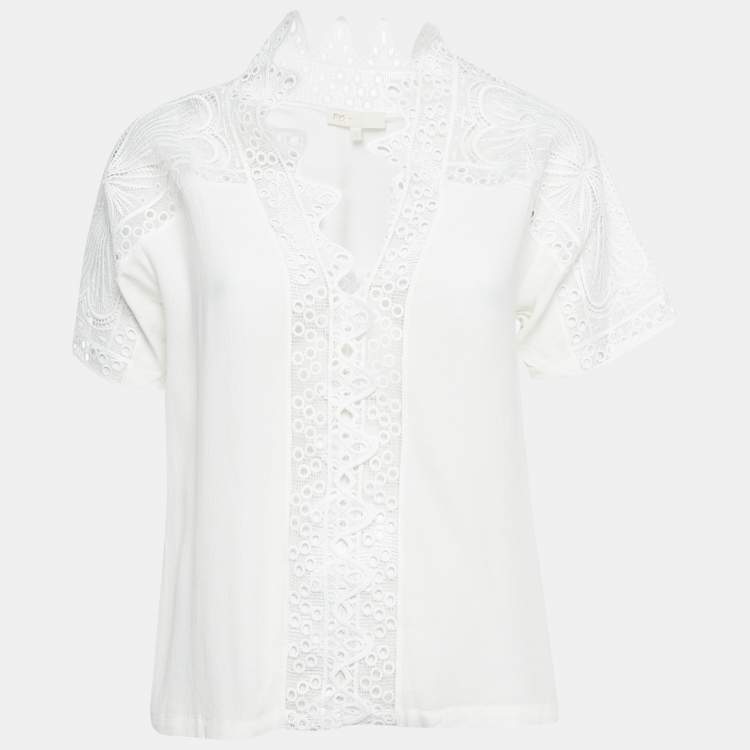 Pre Owned Maje White Lace Trim Chiffon Top S