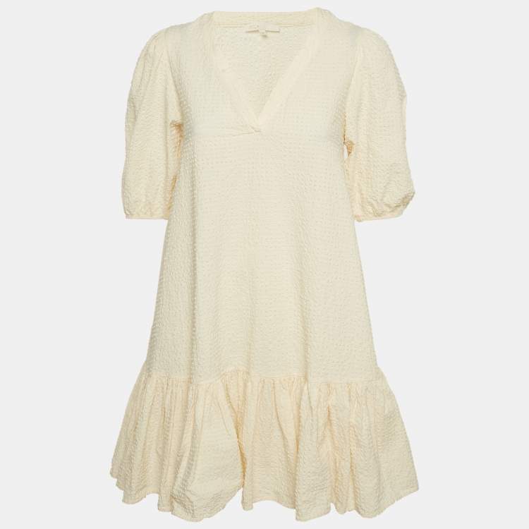 Pre Owned Maje Cream Seersucker Flounce Mini Dress S