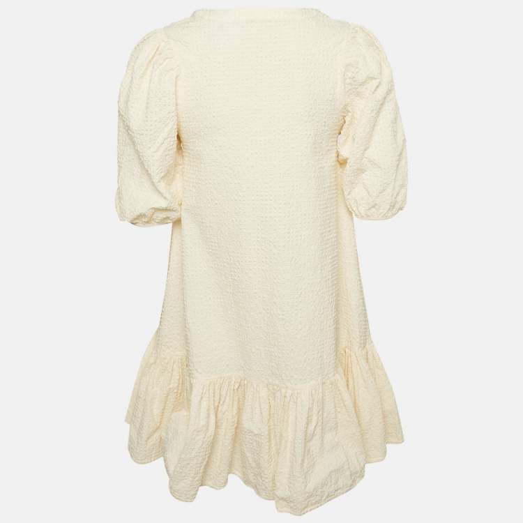 Pre Owned Maje Cream Seersucker Flounce Mini Dress S