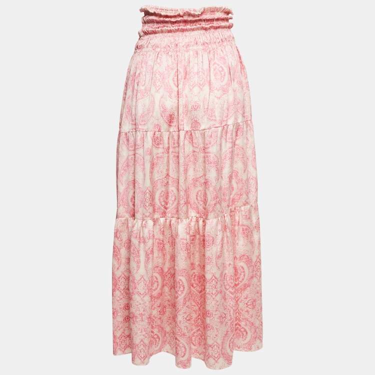 Pre Owned Maje Pink Paisley Print Satin Silk Smocked Maxi Skirt S