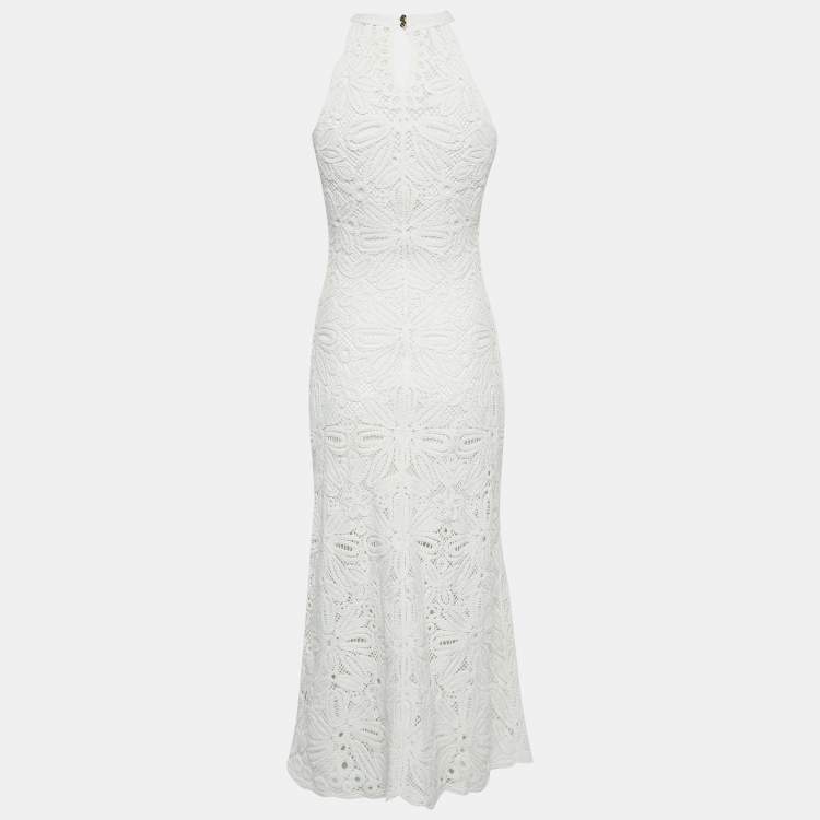 Pre Owned Maje White Floral Pattern Crochet Sleeveless Midi Dress S