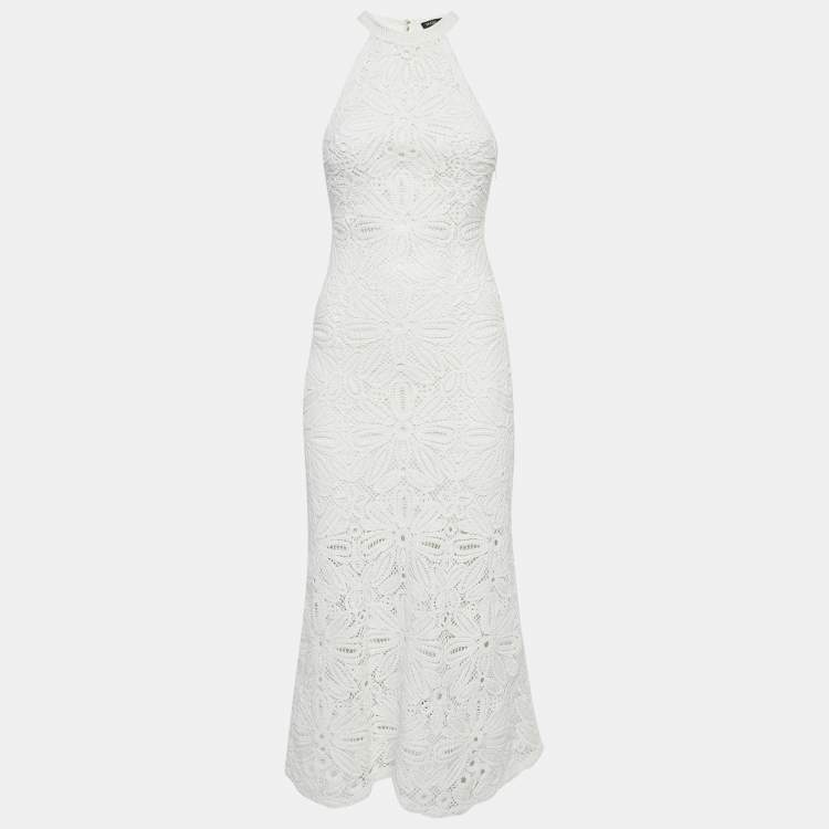 Pre Owned Maje White Floral Pattern Crochet Sleeveless Midi Dress S