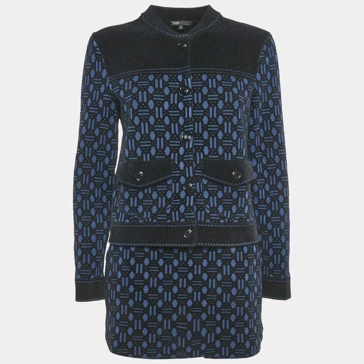Pre Owned Maje Navy Blue Monogram Jacquard Jacket and Skirt Set M