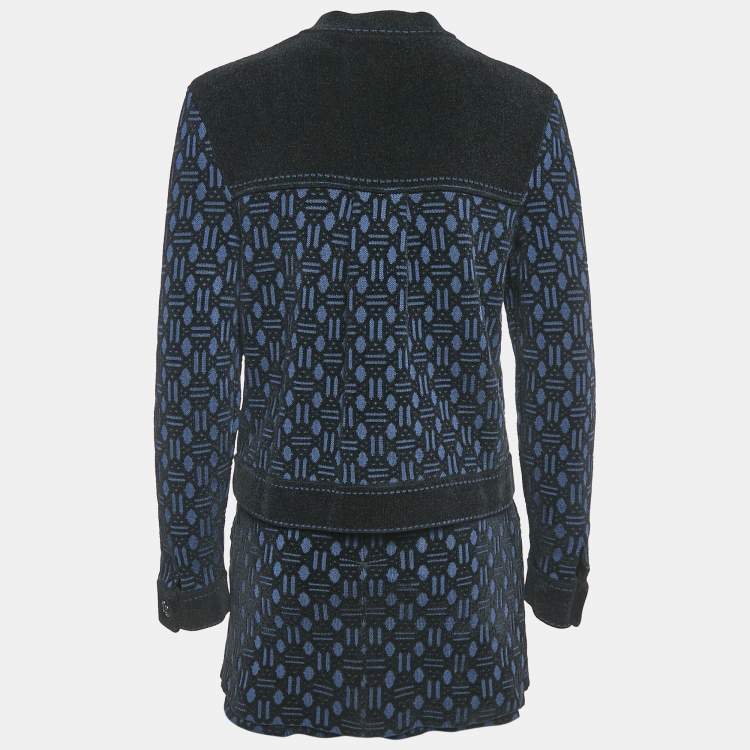 Pre Owned Maje Navy Blue Monogram Jacquard Jacket and Skirt Set M