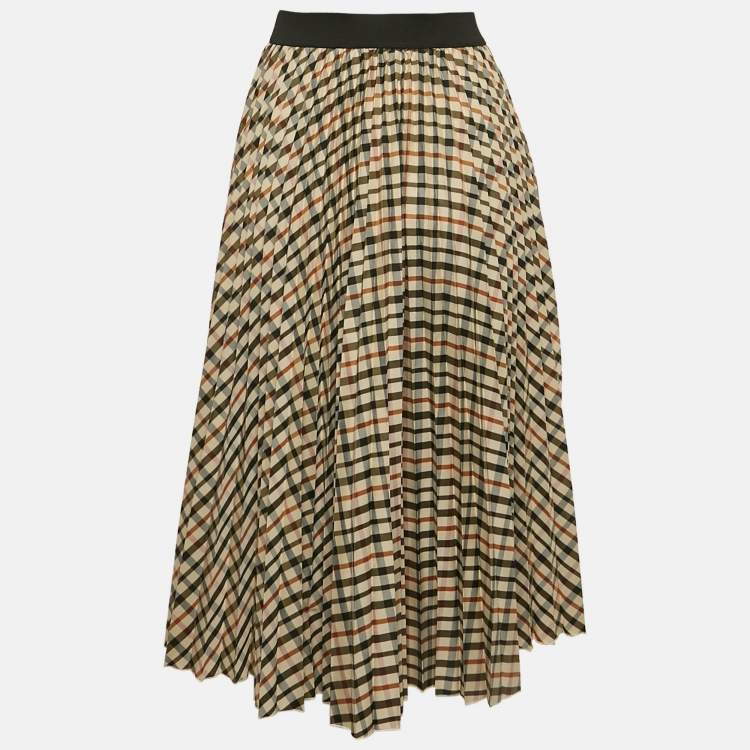 مملوكة مسبقًا Maje Beige Checks Crepe Plisse Midi Skirt M