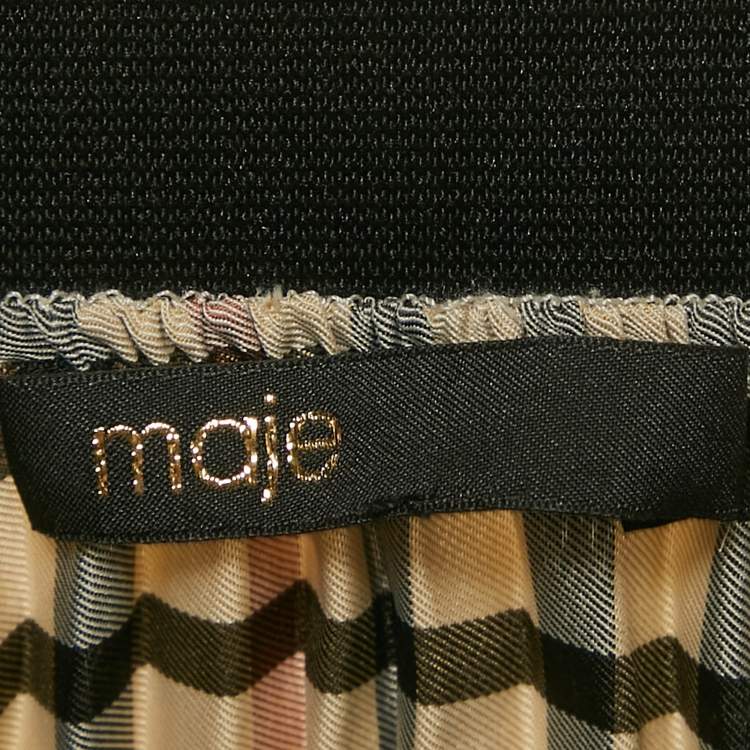 مملوكة مسبقًا Maje Beige Checks Crepe Plisse Midi Skirt M
