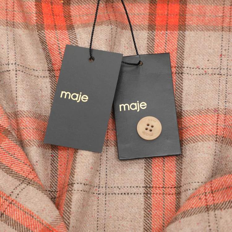 Pre Owned Maje Beige/Orange Check Wool Blend Knit Shirt Dress M