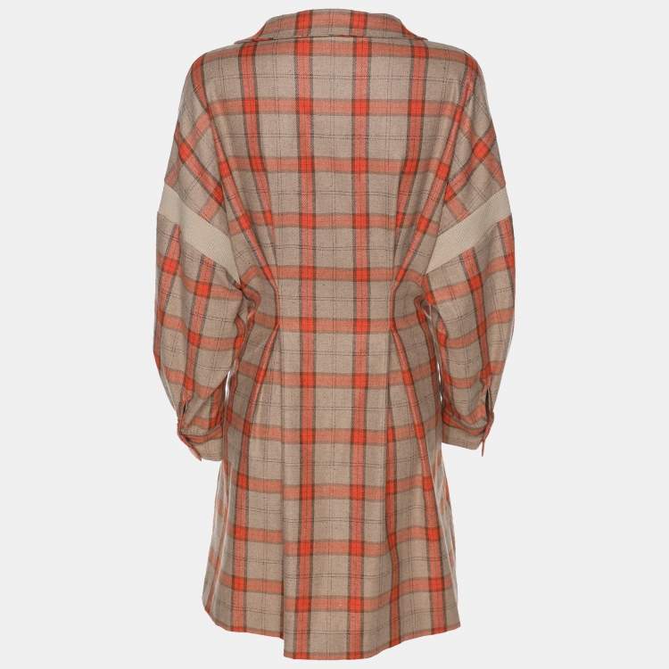 Pre Owned Maje Beige/Orange Check Wool Blend Knit Shirt Dress M