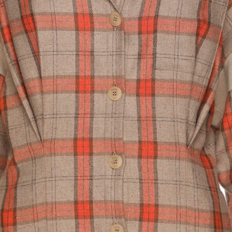 Pre Owned Maje Beige/Orange Check Wool Blend Knit Shirt Dress M