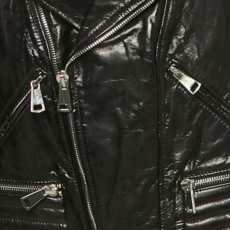 Pre Owned Maje Navy Blue Leather Zip-Up Leather Jacket S