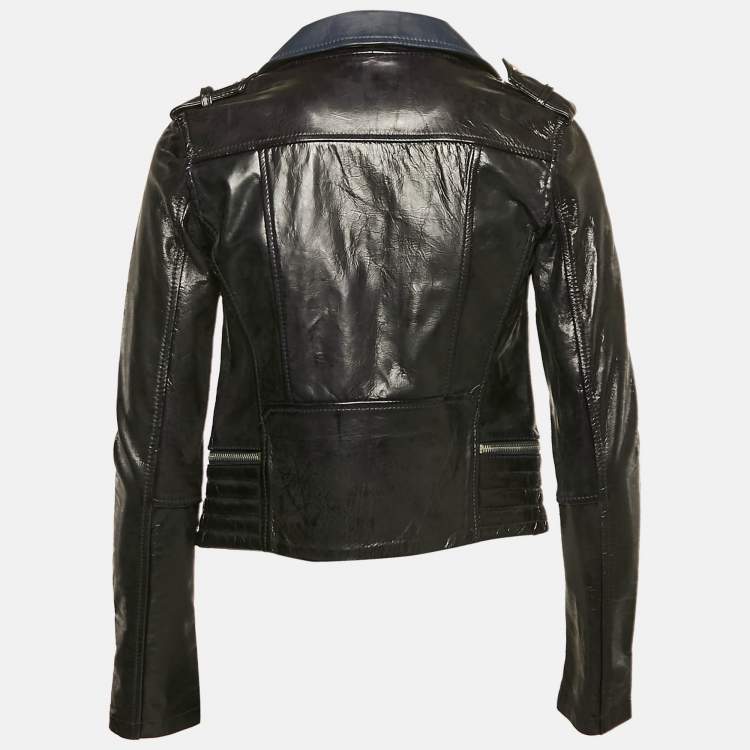 Pre Owned Maje Navy Blue Leather Zip-Up Leather Jacket S