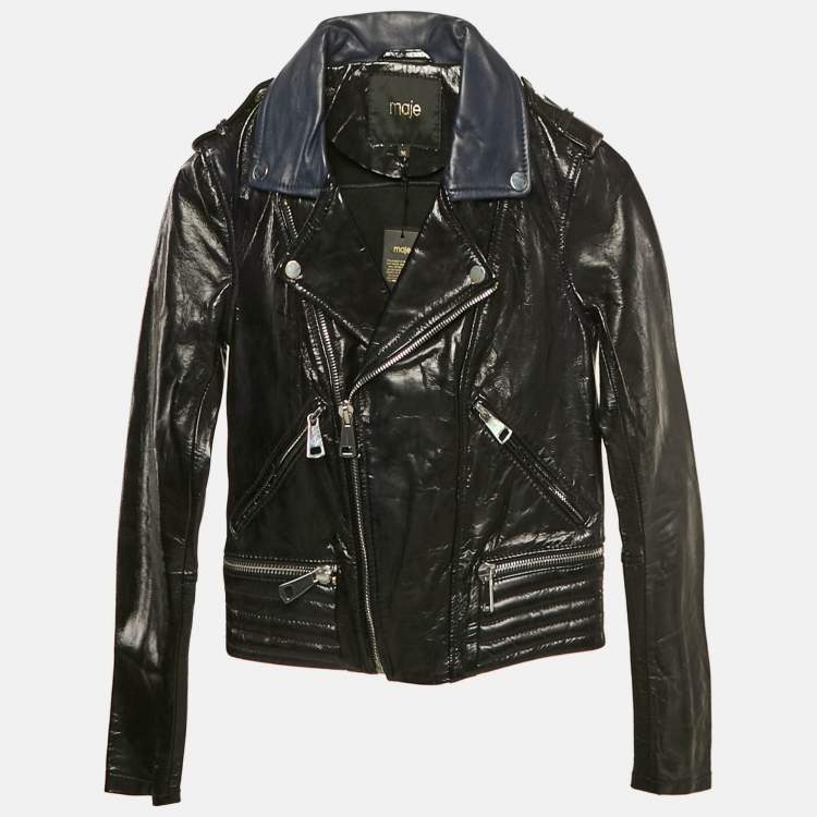 Pre Owned Maje Navy Blue Leather Zip-Up Leather Jacket S