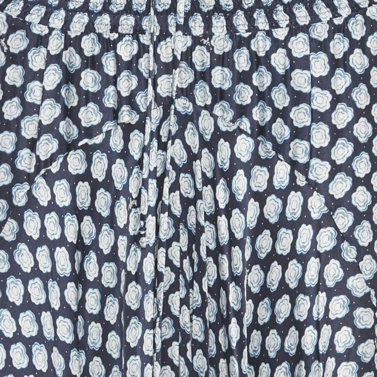 Pre Owned Maje Navy Blue Printed Crepe Shirring Maxi Dress L