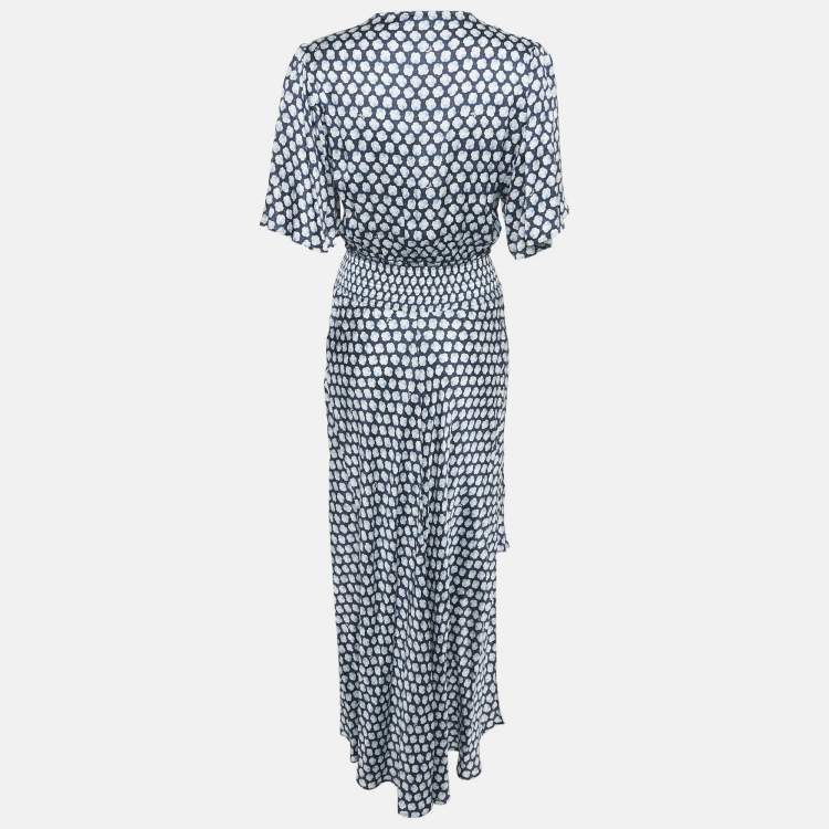 Pre Owned Maje Navy Blue Printed Crepe Shirring Maxi Dress L