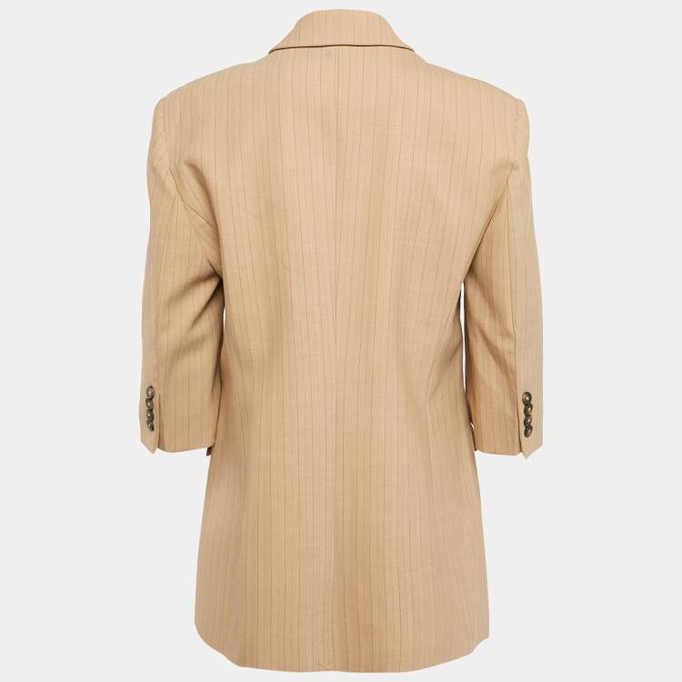 Pre Owned Maje Dark Beige Stripe Wool Blend Double Breasted Blazer M