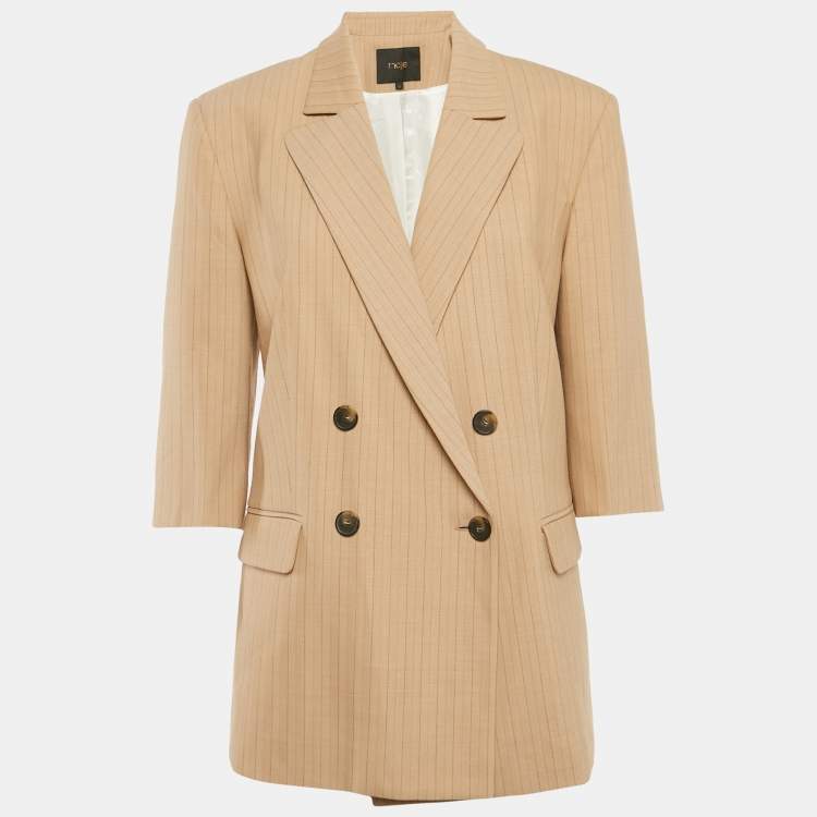 Pre Owned Maje Dark Beige Stripe Wool Blend Double Breasted Blazer M