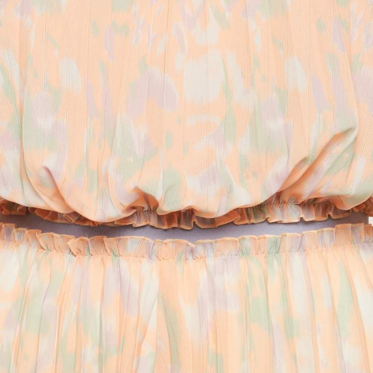 Pre Owned Maje Peach Abstract Print Chiffon Plissé Playsuit L
