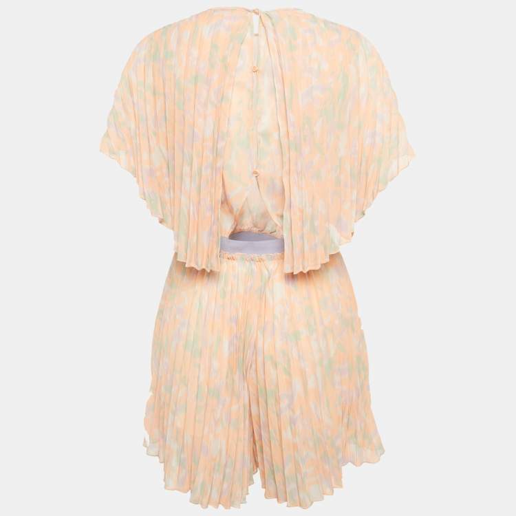 Pre Owned Maje Peach Abstract Print Chiffon Plissé Playsuit L