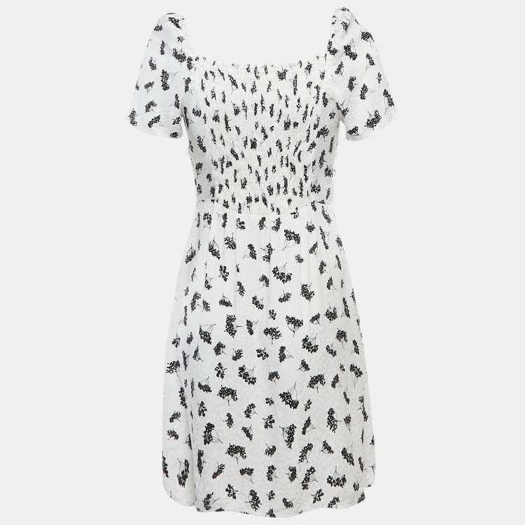 Pre Owned Maje White Patterned Crepe Printed Smocked Mini Dress S