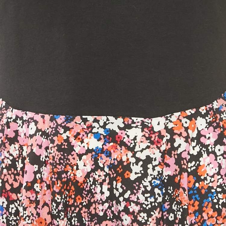 Pre Owned Maje Black/Multicolor Floral Print Cotton and Crepe Asymmetric Dress M