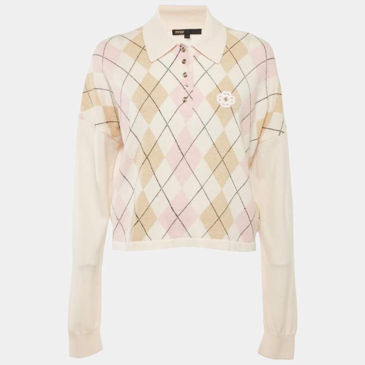 Pre Owned Maje Pink Argyle Knit Collared Sweatshirt S