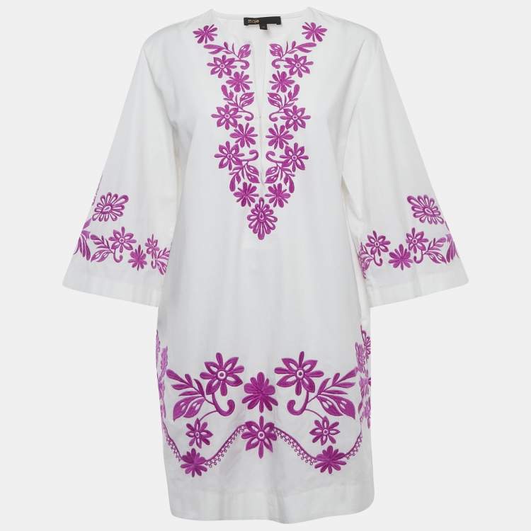 مملوكة مسبقًا Maje White Floral Embroidery Cotton V-Neck Mini Dress M