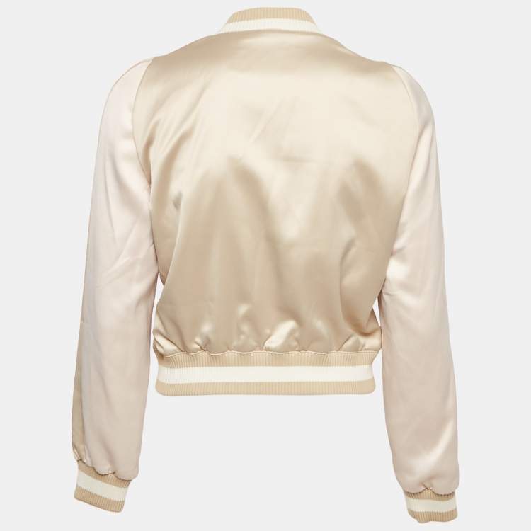 Pre Owned Maje Beige Cactus Applique Satin Bomber Jacket L