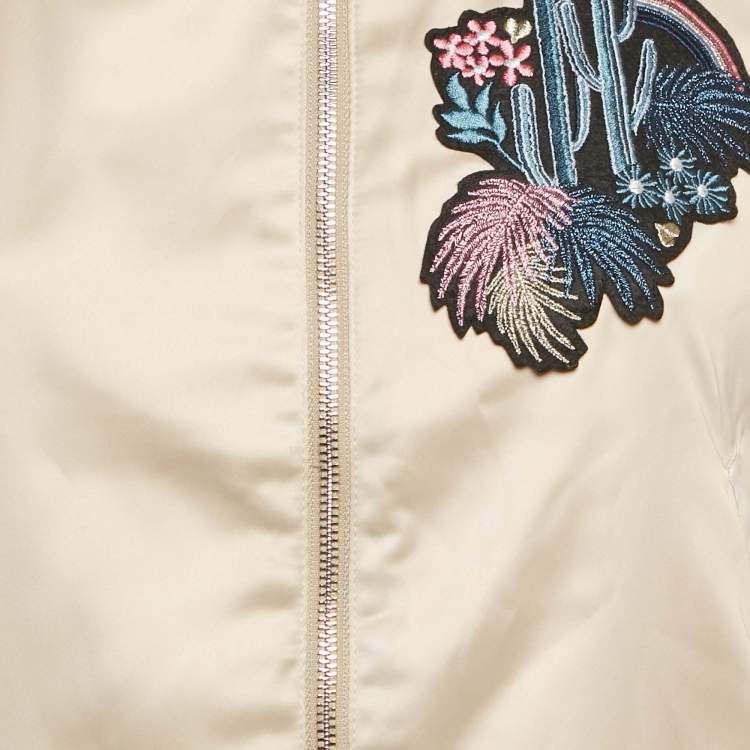 Pre Owned Maje Beige Cactus Applique Satin Bomber Jacket L