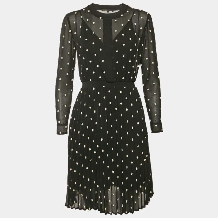 Pre Owned Maje Black Floral Embroidery Georgette Pleated Rivola Short Dress S