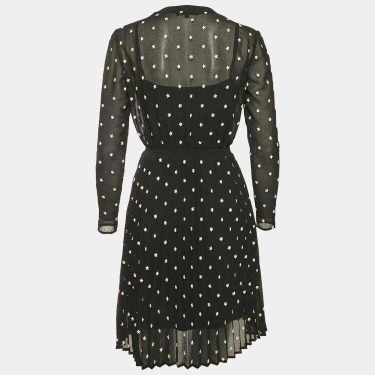 Pre Owned Maje Black Floral Embroidery Georgette Pleated Rivola Short Dress S