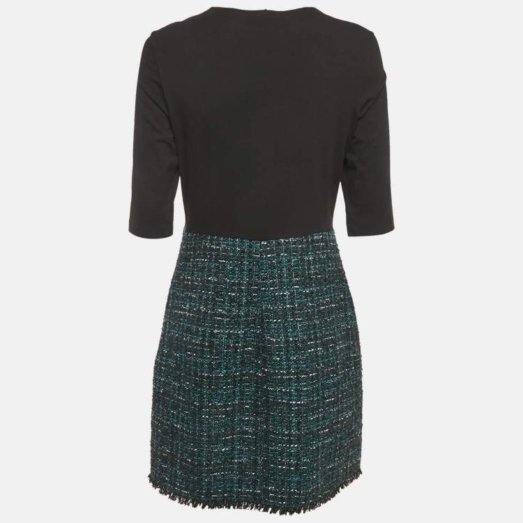 Pre Owned Maje Black/Green Tweed and Cotton Knit Mini Dress XL
