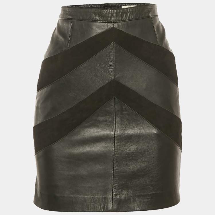 Pre Owned Maje Black Leather & Suede Patterned Mini Skirt S