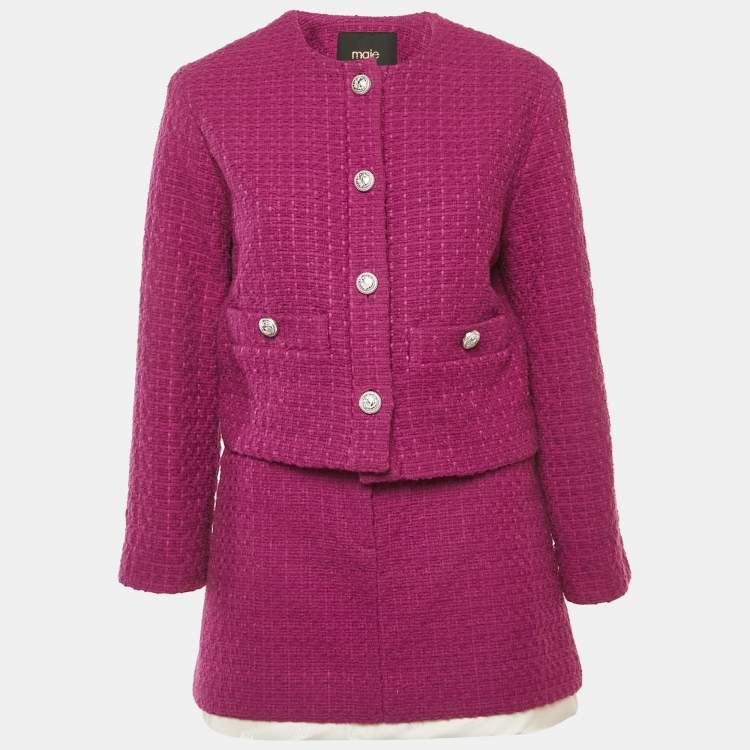 Pre Owned Maje Purple Tweed Belted Jacket and Mini Skirt Set S/M