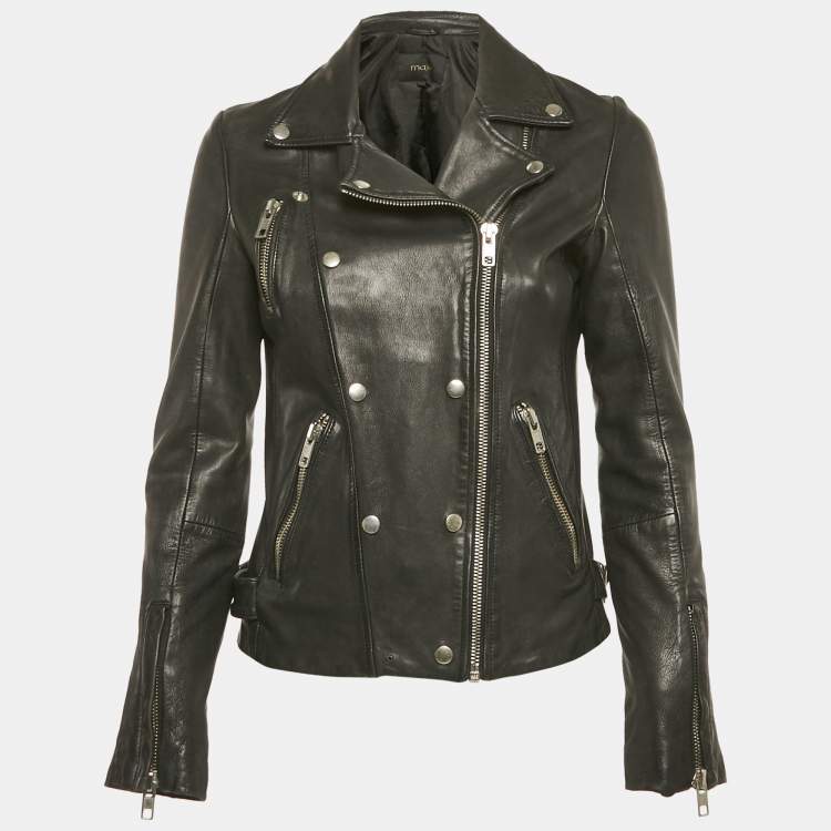 Pre Owned Maje Black Leather Biker Jacket S