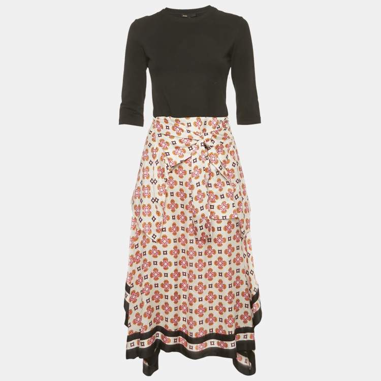Pre Owned Maje Black Cotton Knit & Printed Silk Waist Tie Detail Midi Dress M